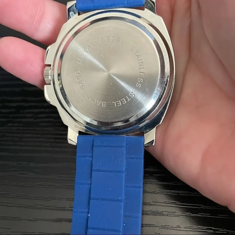 Geneva Rubber Band Silver & Blue Stainless Steel Back Watch